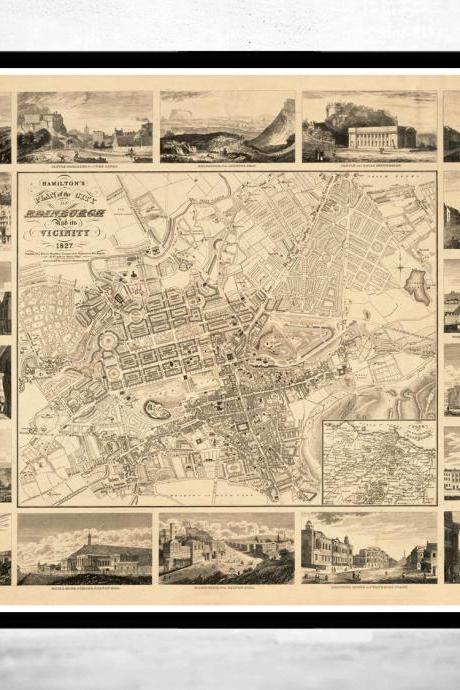 Old Map of Edinburgh 1827 Edinbourg with gravures, Scotland