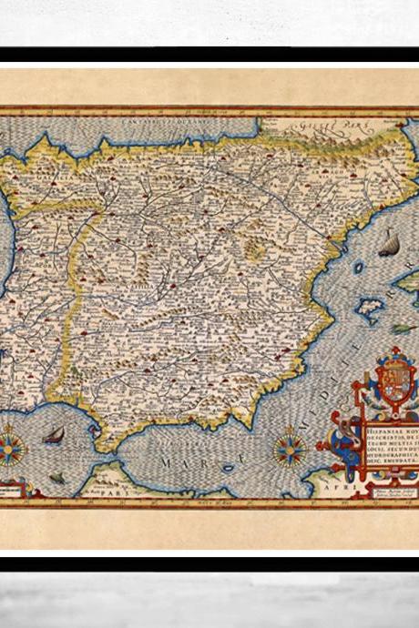 Old Map of Spain España mapa , 1613 Antique map