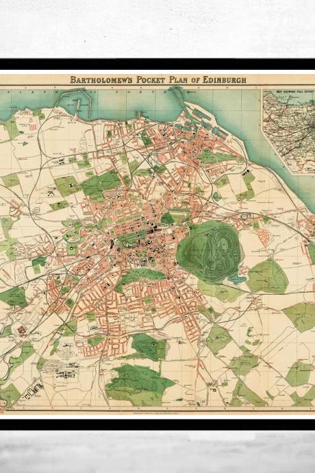 Old Map of Edinburgh 1901 Edinbourg with gravures, Scotland