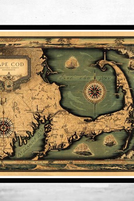 Vintage Cape Cod Map Illustrated Massachusetts