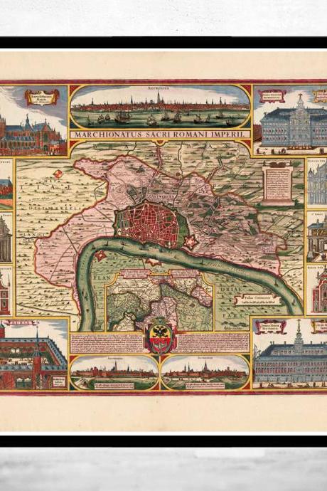 Old Map Of Antwerp, Belgium 1675 Anvers Antique Map