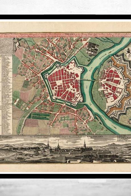 Old Map Of Dresden 1740 With Gravures, Germany