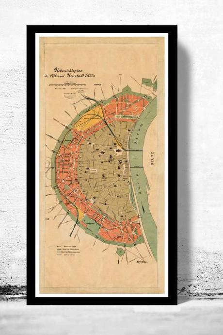 Old Map of Koln Cologne, Germany 1888