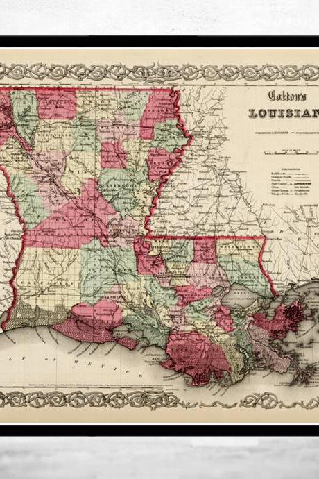 Old Map Louisiana State 1865 United States of America
