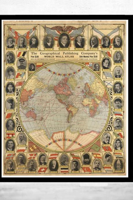 Vintage Map Of United States World Leaders 1921