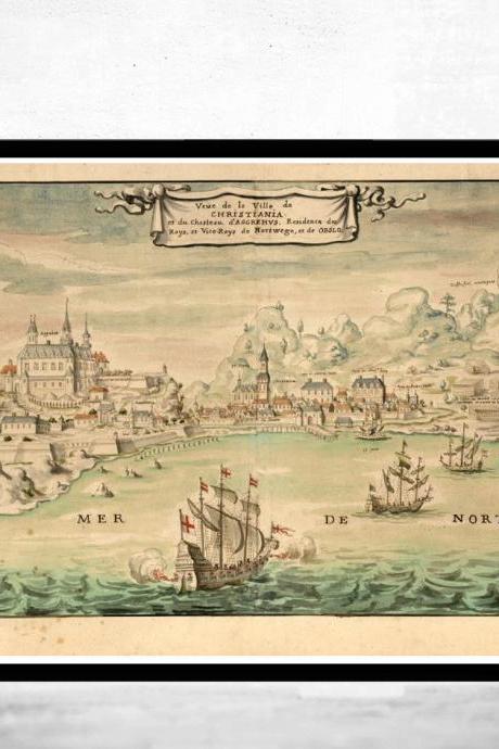 Old Gravure of Oslo Christiania Norway 1650