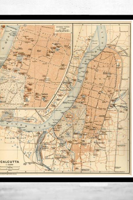 Old Map of Calcutta Kolkata, India 1914 Antique Vintage