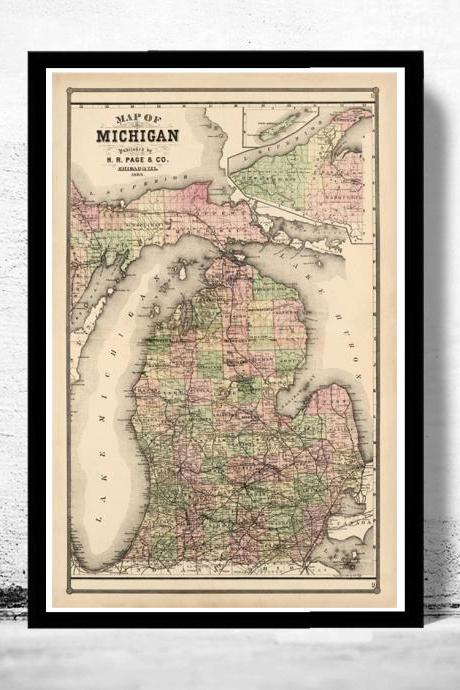 Old vintage map of Michigan 1885
