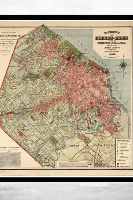 Old Map Of Buenos Aires , Argentina 1909 Vintage Map