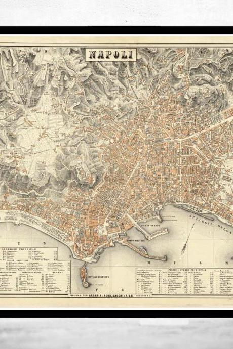Old Map of Napoli Naples 1880 Antique Vintage Italy