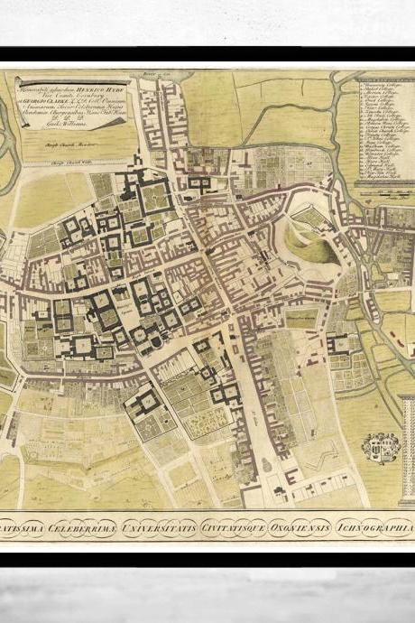 Old Map of Oxford with legends 1733, England United Kingdom