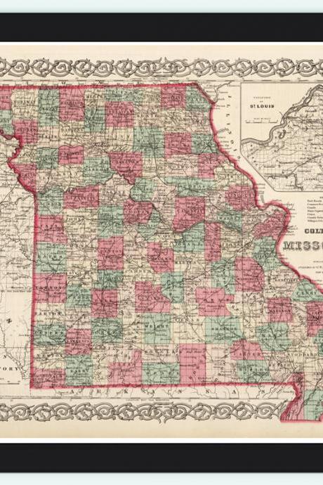 Old Map Missouri State 1869 United States of America