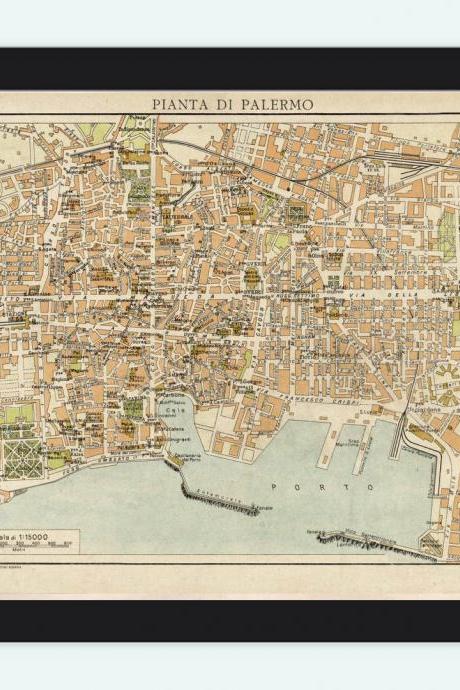 Old Map of Palermo Italy Italia 1930
