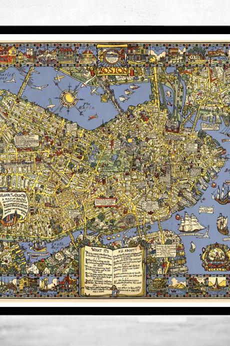 Old Map of Boston 1926, Massachusetts Pictorial map
