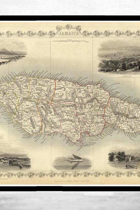 Vintage Old Map of Jamaica, 1851, Antique map of Jamaica