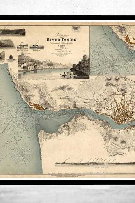Beautiful Map Oporto Porto Portugal with gravures 1833 Douro River
