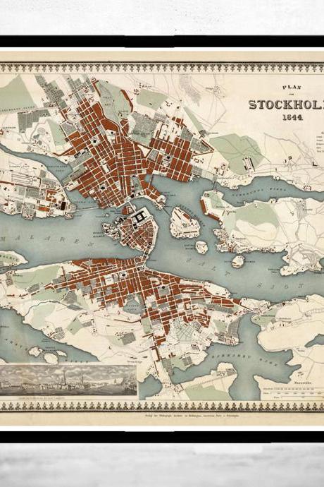 Beautiful Old Map Of Stockholm, Sweden 1844