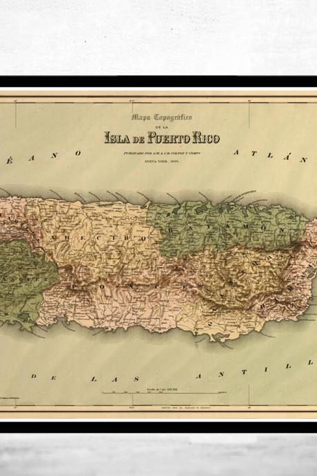 Vintage Old Map of Puerto Rico Island, 1886, Antique map