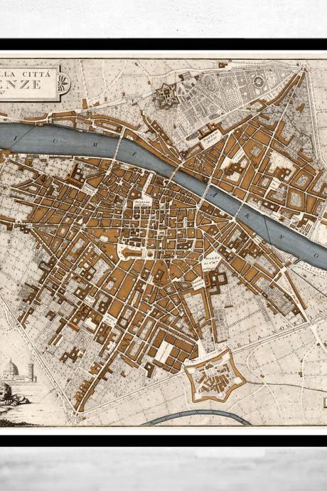 Old Map of Florence Firenze 1847 Antique Vintage Italy