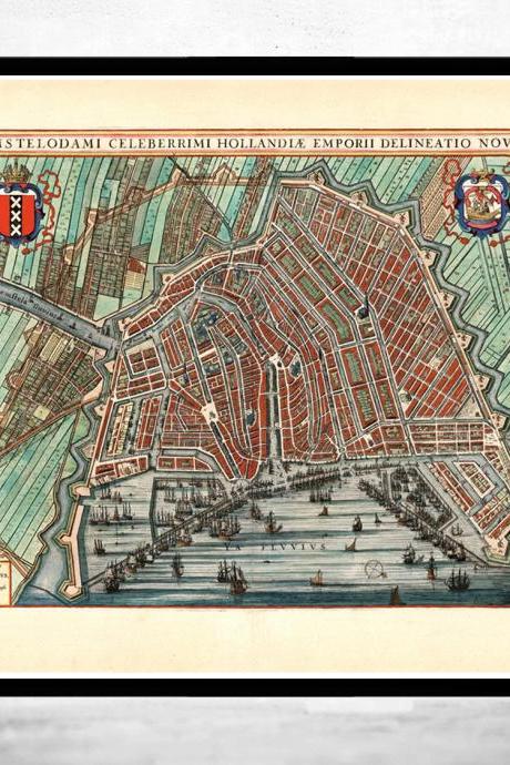 Old Map of Amsterdam, Netherlands engraving 1649