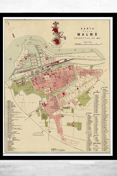 Old Map Of Malmo, Sweden 1881 Antique Vintage