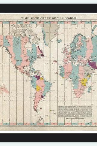 Old World Map Atlas Time Zone Chart 1937 Vintage Antique
