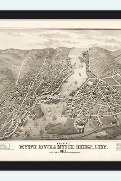 Old Map Of Mystic River Mystic Bridge, Connecticut United States 1879