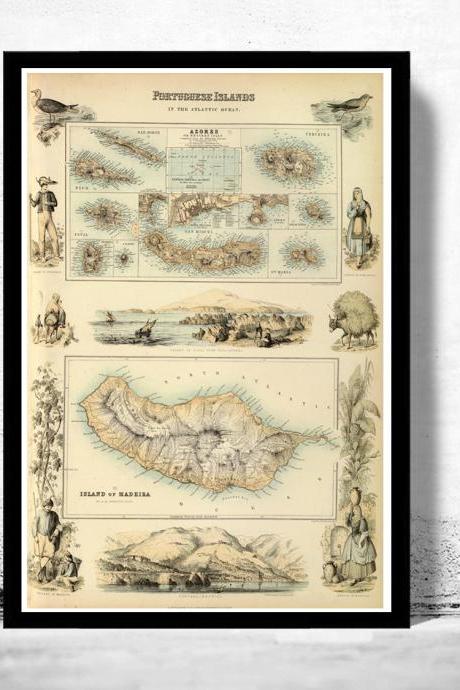 Old Map Of Açores Azores And Madeira Islands 1876, Portuguese Islands