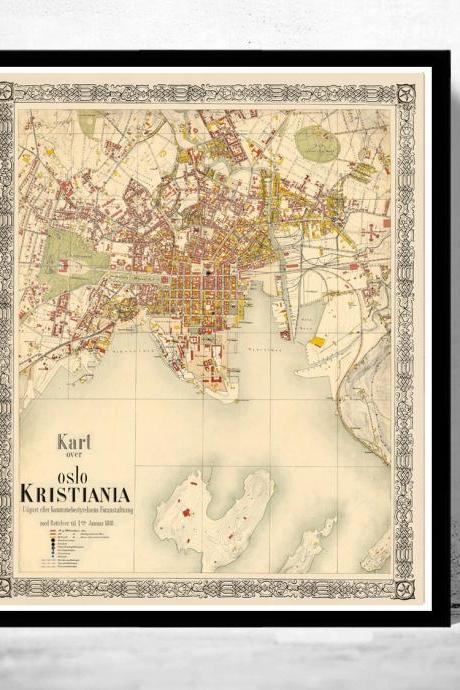 Old Map of Oslo Norway 1881 Antique Kristiania