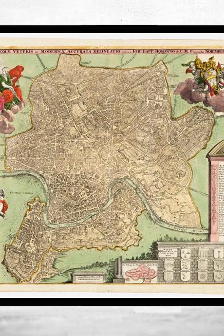 Vintage Map of Rome Roma, Italia 1715 Antique map of Rome