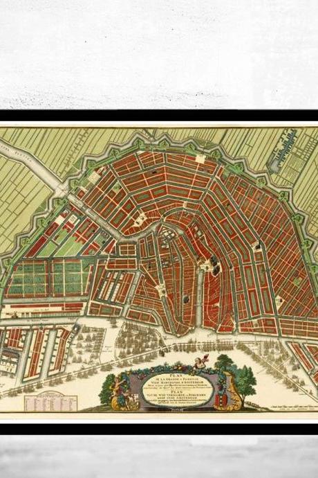 Old Vintage Map of Amsterdam, Netherlands 1735 Antique Vintage Map