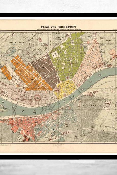 Old Map of Budapest Hungary 1882