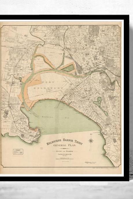 Vintage Map of Melbourne Port Harbour 1893 , Australia Oceania