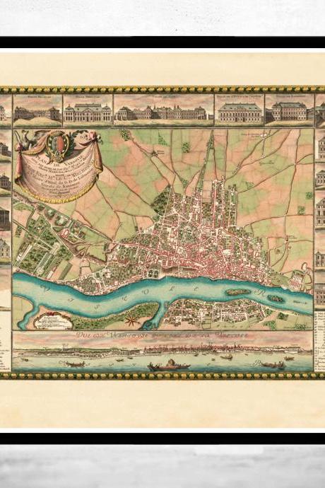 Old Map of Warsaw 1772 with gravures, Poland