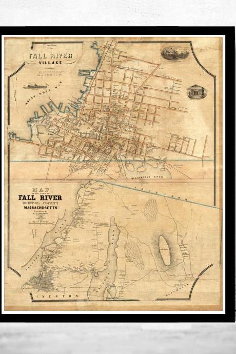 Old Map of Fall River 1850 Massachusetts