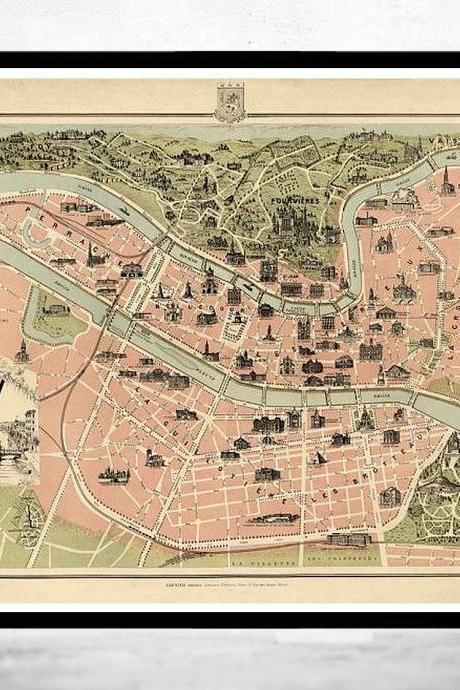 Old Map of Lyon Monumental France 1894