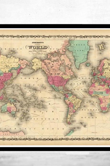 Vintage Map Of The World 1860 Mercator Projection