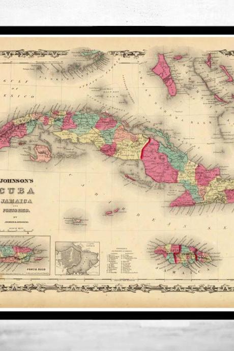 Old Map Of Antilles Islands 1860 Cuba Jamaica Puerto Rico