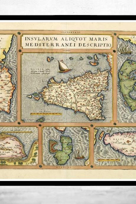 Old Map of Sicily Sicilia Elba Malta 1570