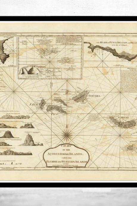 Old Map of Açores Azores Islands 1787, Portuguese map