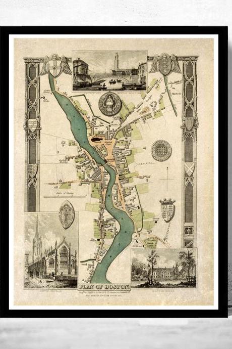 Old Map of Boston 1837 , England United Kingdom
