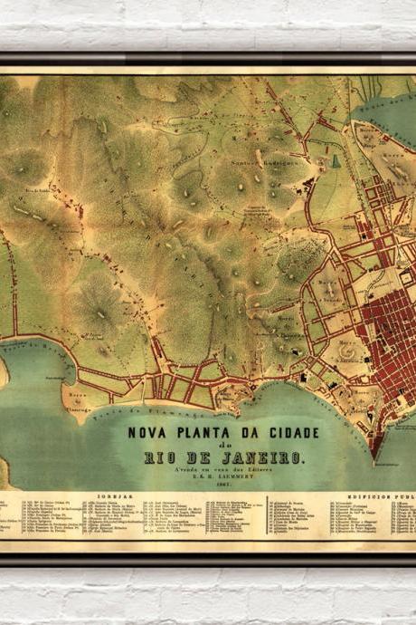 Old Map of Rio de Janeiro Brasil 1867 Vintage Map