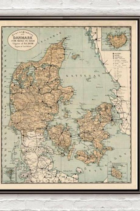 Old Map of Danmark, Denmark Danemark 1890