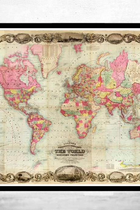 Antique World Map 1854 Mercator Projection