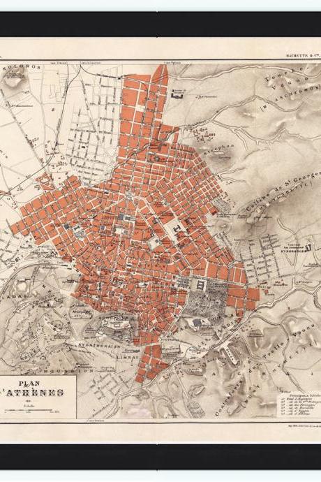 Old Map of Athens Greece 1880
