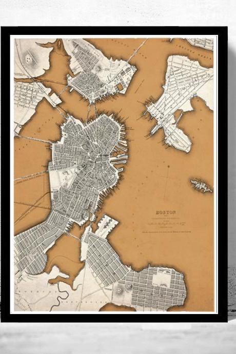 Vintage Map of Boston 1842 Charlestown, Roxbury Massachusetts