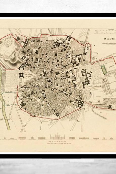 Old Map of Madrid with gravures, Spain Espana 1831 antique map