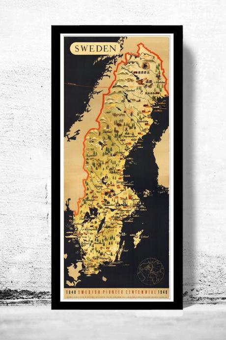 Old Map Of Sweden Pionner Centennial Vintage Poster