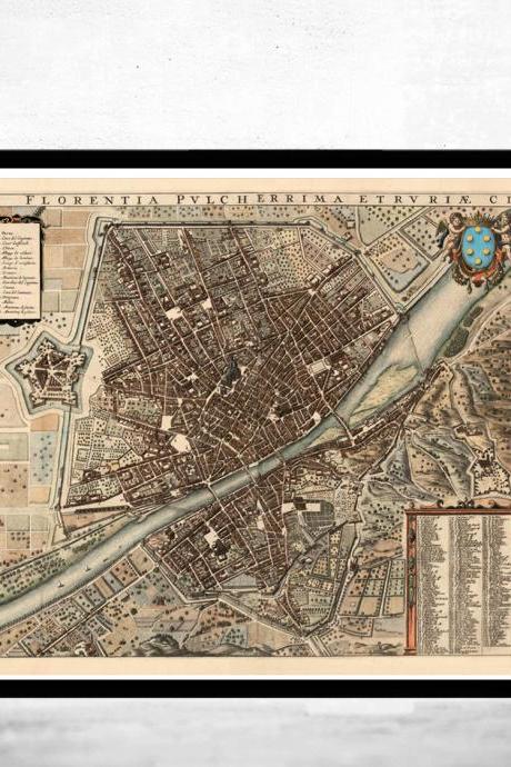 Old Map of Florence Firenze 1685 Antique Vintage Italy