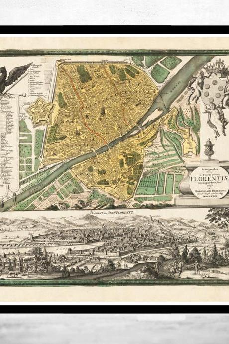 Old Map of Florence Firenze 1731 Antique Vintage Italy